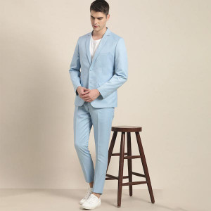 Men Blue Solid Slim Fit Single-Breasted Suit